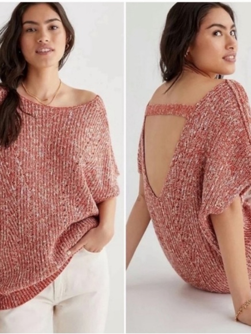 Pilcro Open-Back Off-the-Shoulder Sweater Tunic Top in Rust-Orange Blend